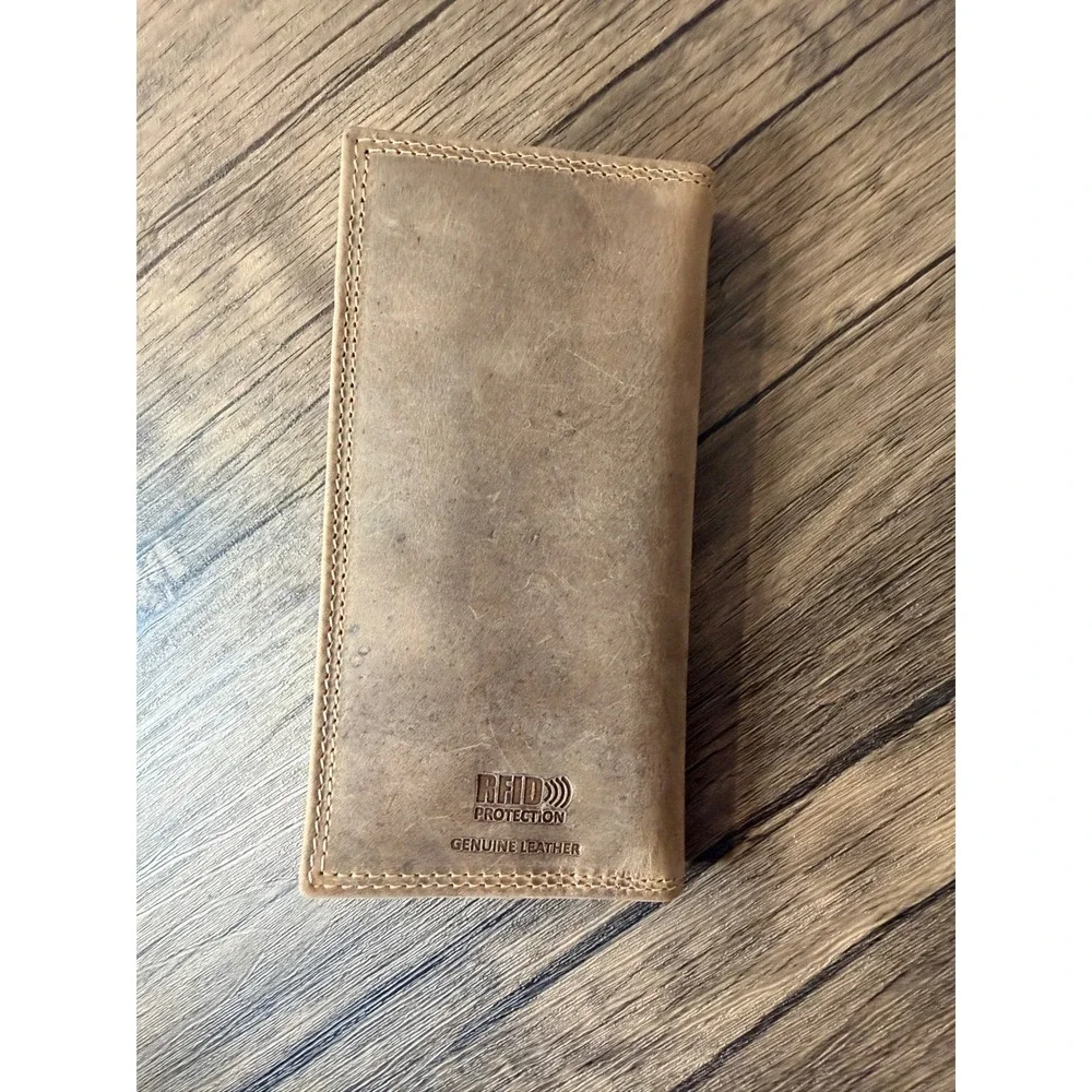 American Bison Mens Genuine Leather Long Wallet RFID Deer Embossed Brown Bifold
